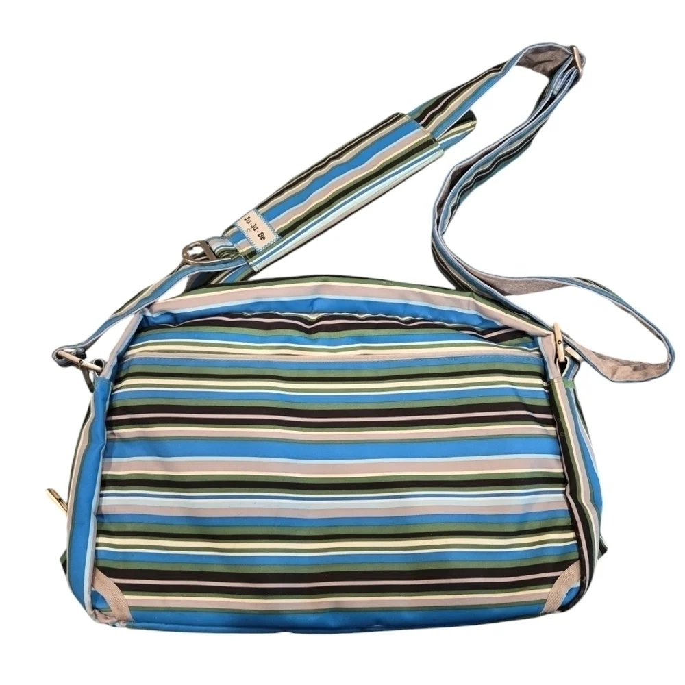 JU JU BE BETTER BEE STRIPED MESSANGER DIAPER BAG WITH CHANGING PAD.